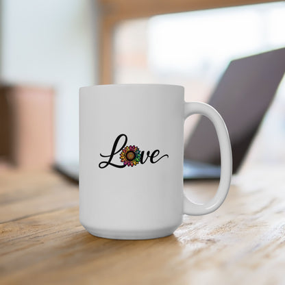 Ceramic Coffee Cup with Colorful Sunflower "Love" Script (11oz & 15oz)
