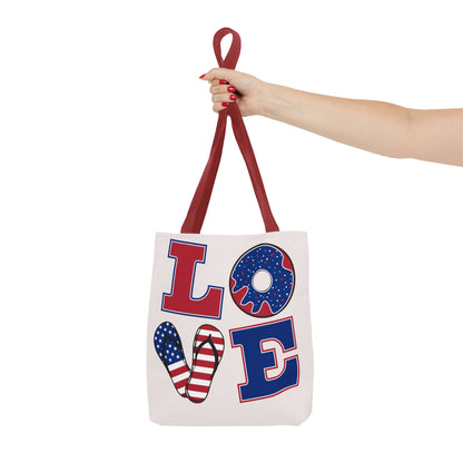 Patriotic 'LOVE' Tote Bag — American Flag Flip-Flop & Donut Beach Bag for 4th of July
