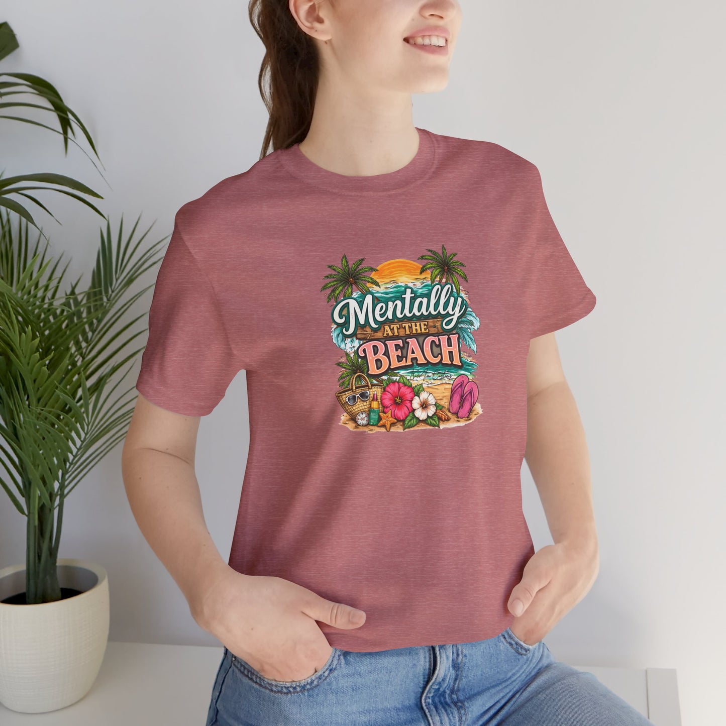 Mentally at the Beach Tee – Tropical Sunset Palm Vacation T-Shirt