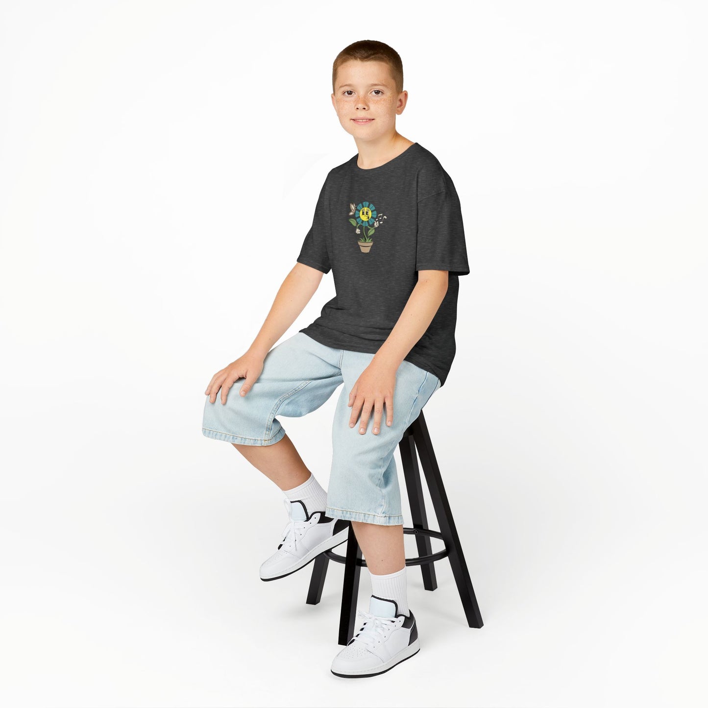 Kids teal Floral Pot T‑Shirt — Smiling Sunflower Plant Graphic