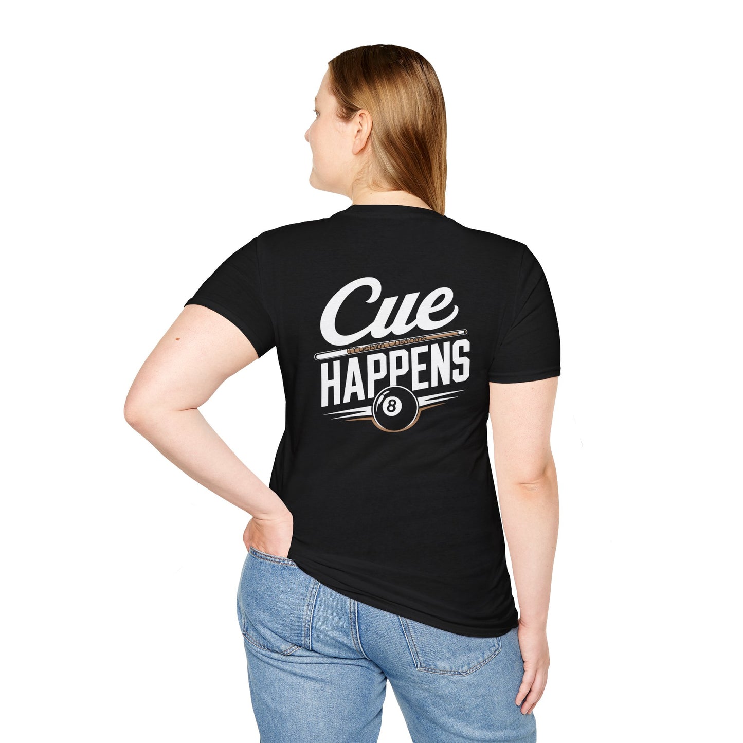 Cue Happens Pool T‑Shirt — Funny Billiards 8‑Ball Tee