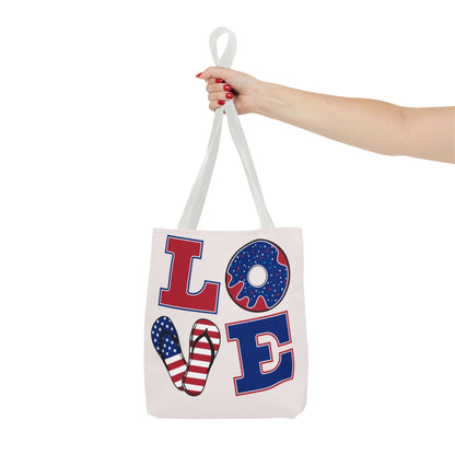 Patriotic 'LOVE' Tote Bag — American Flag Flip-Flop & Donut Beach Bag for 4th of July