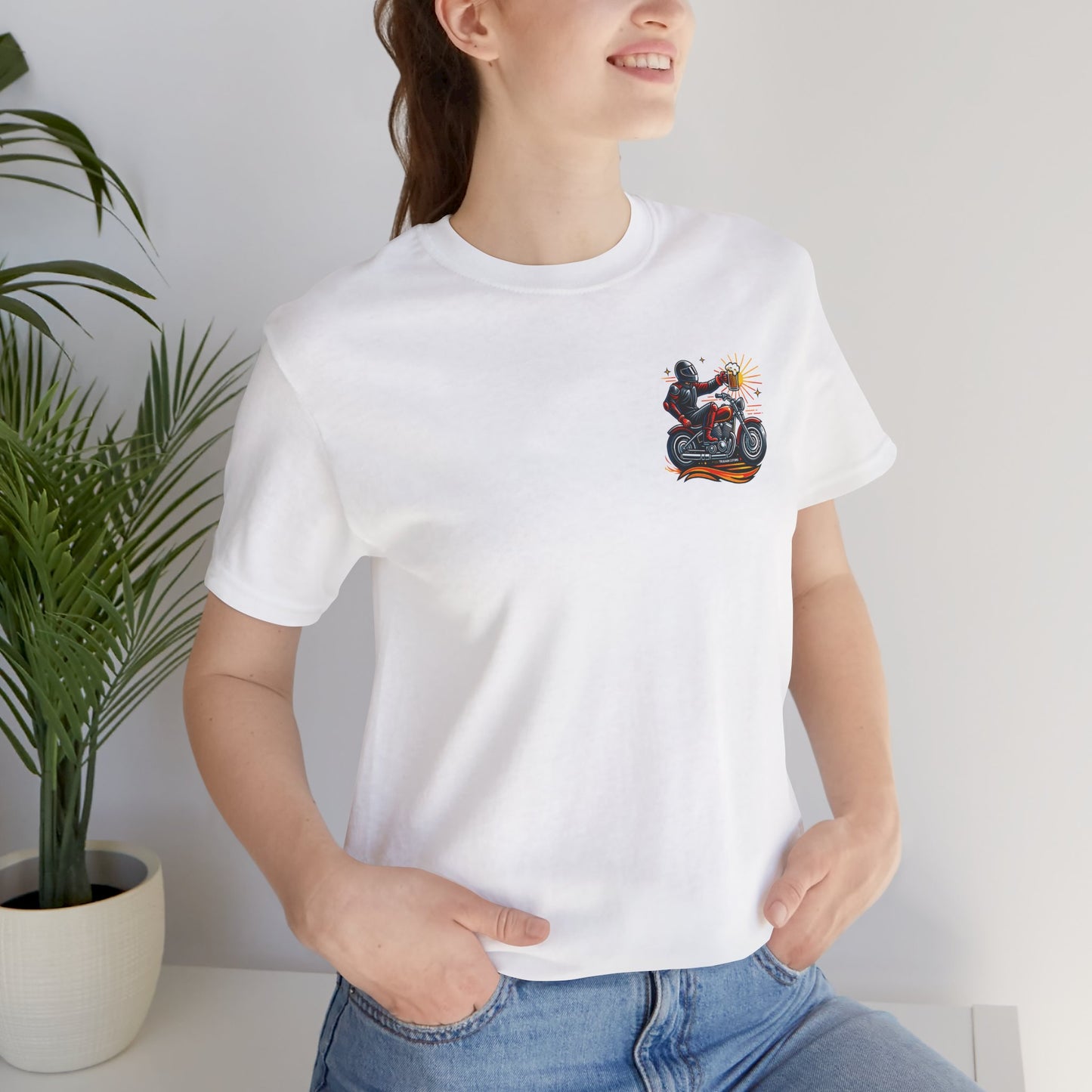 Motorcycle T‑Shirt with Beer Mug Graphic