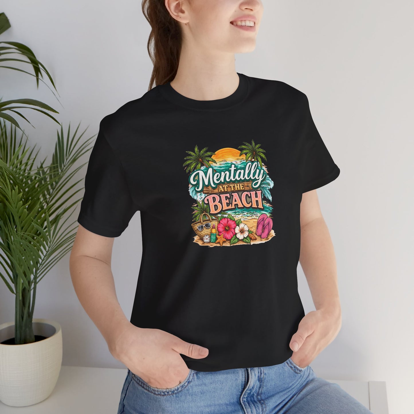Mentally at the Beach Tee – Tropical Sunset Palm Vacation T-Shirt