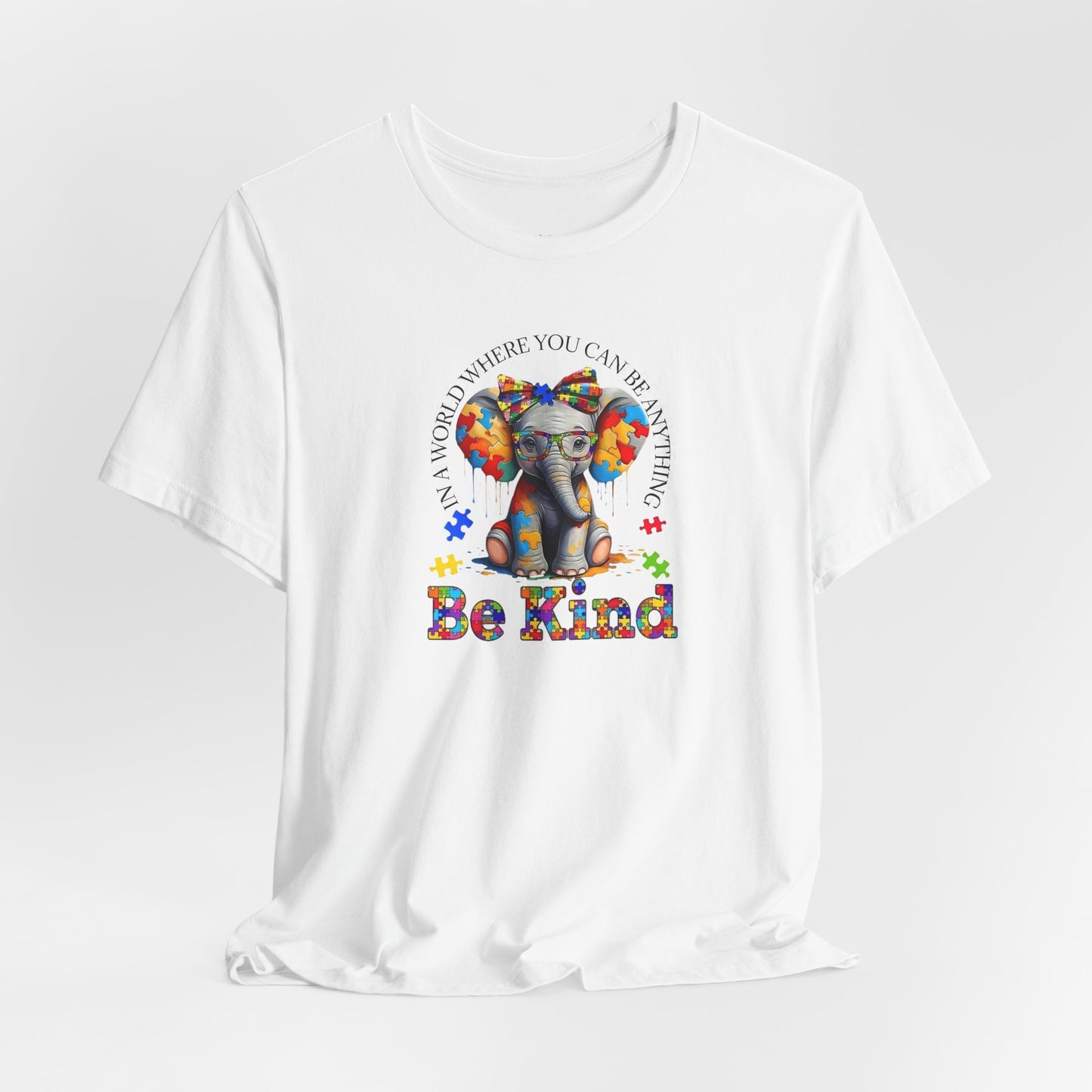 Be Kind Elephant T-Shirt — Colorful Puzzle Piece Autism Awareness Tee