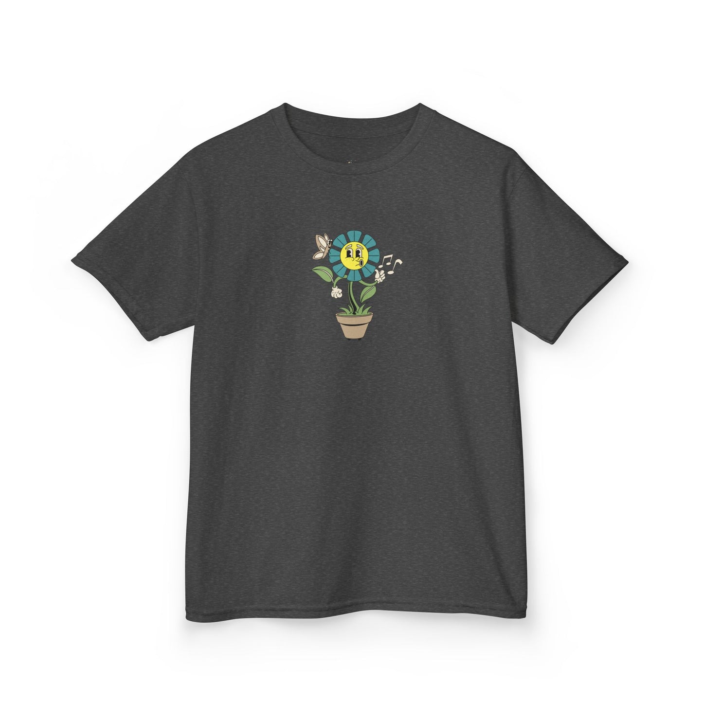 Kids teal Floral Pot T‑Shirt — Smiling Sunflower Plant Graphic