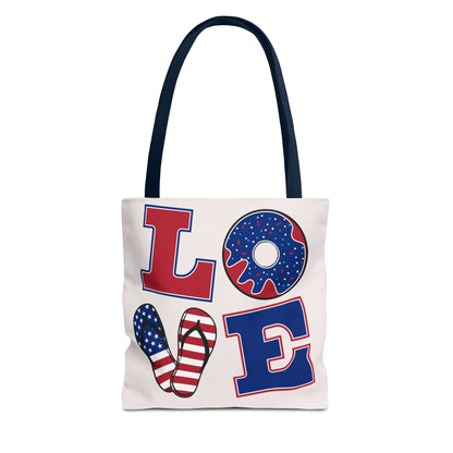 Patriotic 'LOVE' Tote Bag — American Flag Flip-Flop & Donut Beach Bag for 4th of July