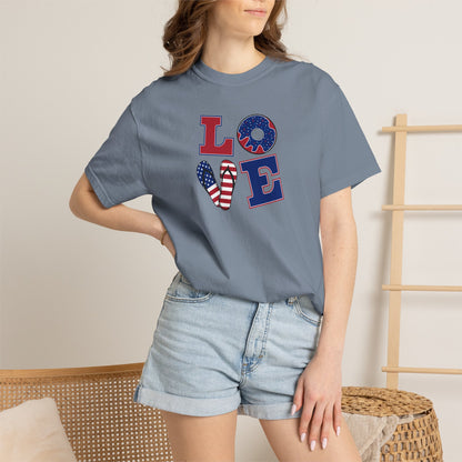 Patriotic "LOVE" Heart T-Shirt — American Flag Fourth of July Tee