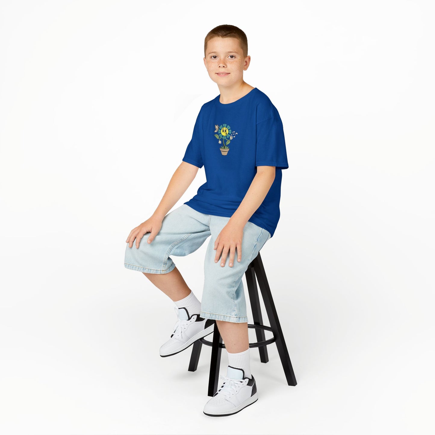 Kids teal Floral Pot T‑Shirt — Smiling Sunflower Plant Graphic