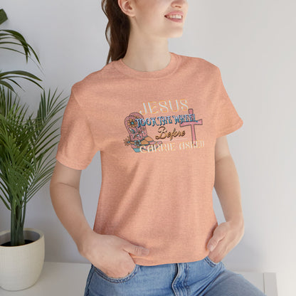 Jesus Took the Wheel Before Carrie Asked Tee - Floral Cross Christian Short Sleeve Shirt