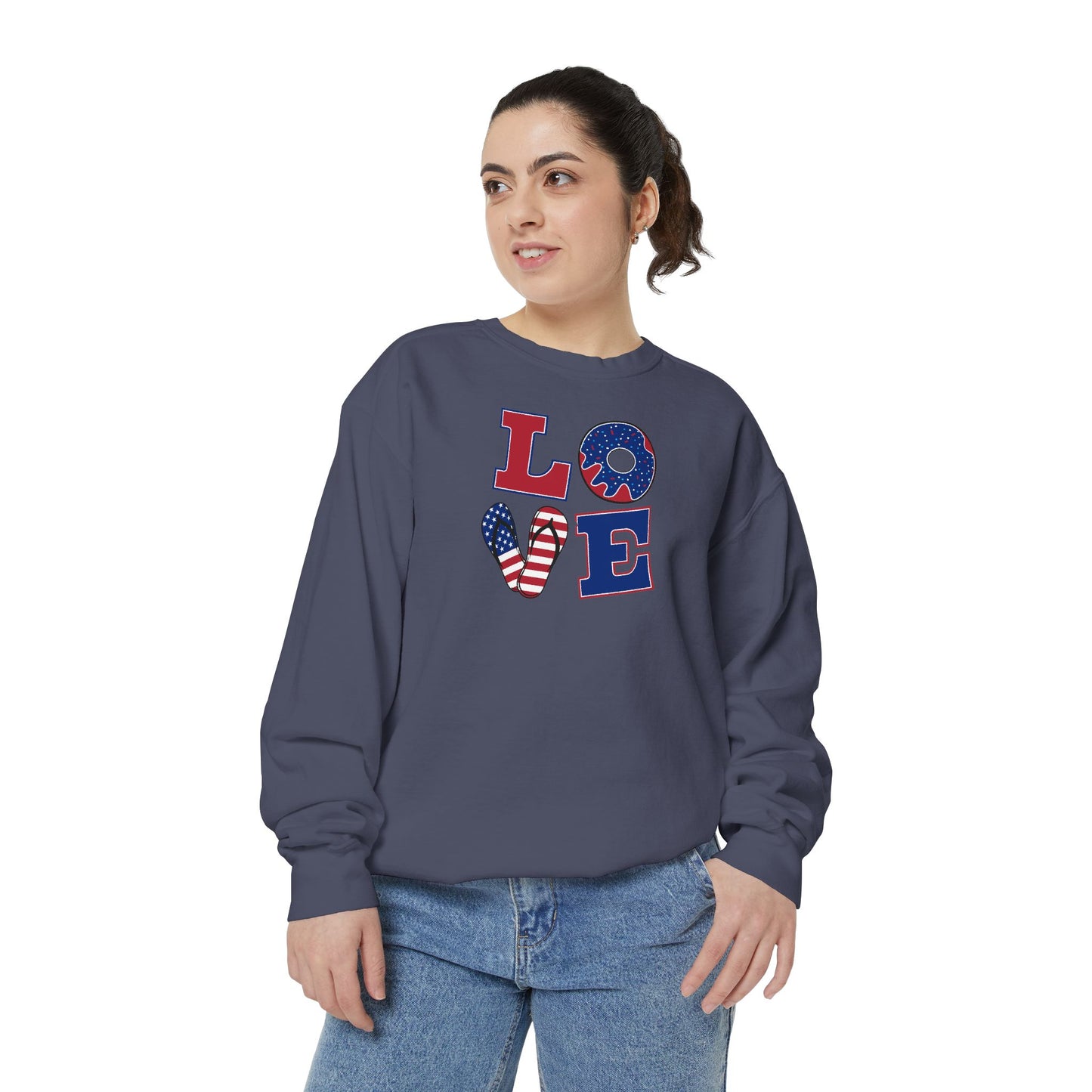 Patriotic "LOVE" Sweatshirt - American Flag Heart Fourth of July Crewneck
