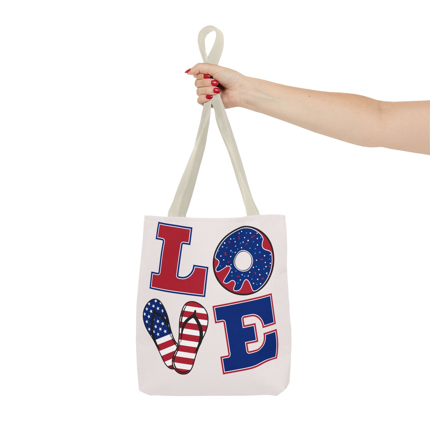 Patriotic 'LOVE' Tote Bag — American Flag Flip-Flop & Donut Beach Bag for 4th of July