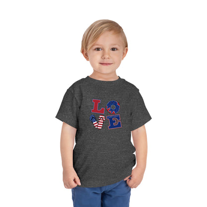 Patriotic "LOVE" Toddler Tee — American Flag 4th of July Baby Shirt