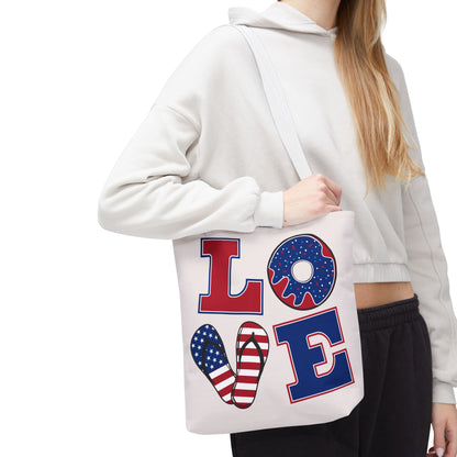 Patriotic 'LOVE' Tote Bag — American Flag Flip-Flop & Donut Beach Bag for 4th of July