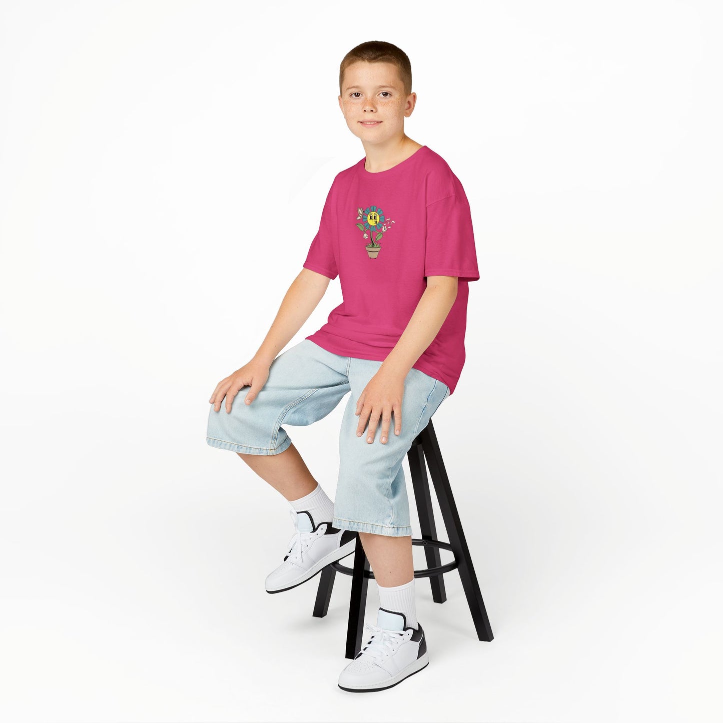 Kids teal Floral Pot T‑Shirt — Smiling Sunflower Plant Graphic
