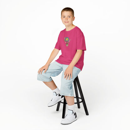 Kids teal Floral Pot T‑Shirt — Smiling Sunflower Plant Graphic