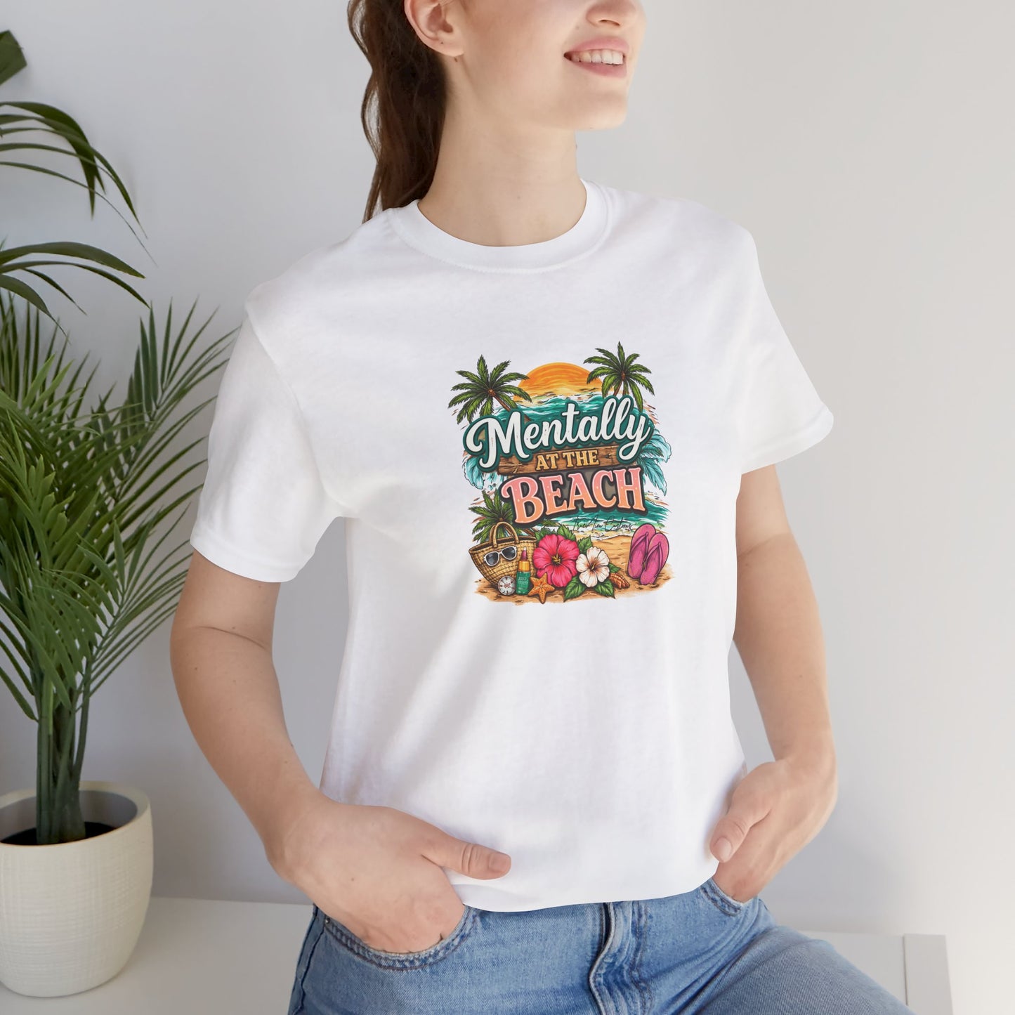 Mentally at the Beach Tee – Tropical Sunset Palm Vacation T-Shirt