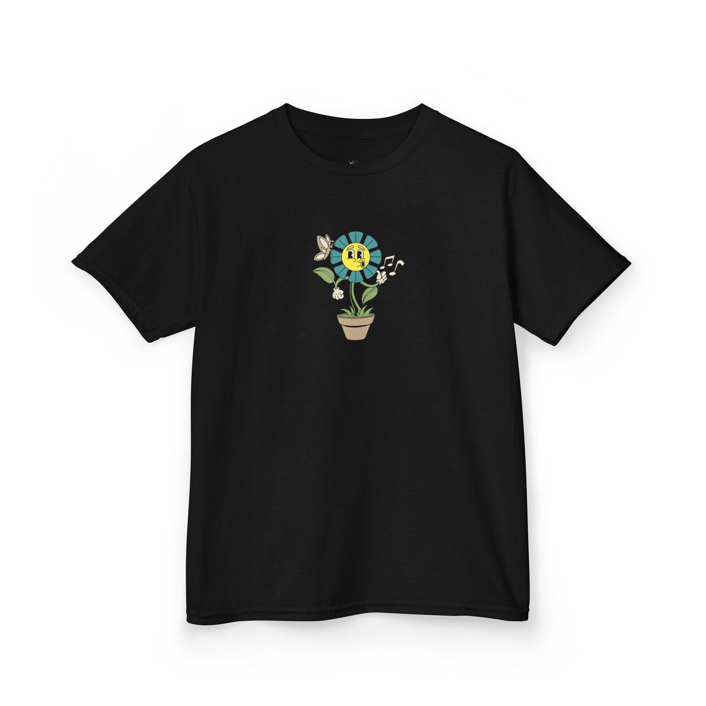 Kids teal Floral Pot T‑Shirt — Smiling Sunflower Plant Graphic