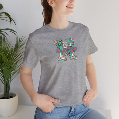 Floral Letter N, Nurse  T-Shirt — Tropical Botanical Monogram Tee