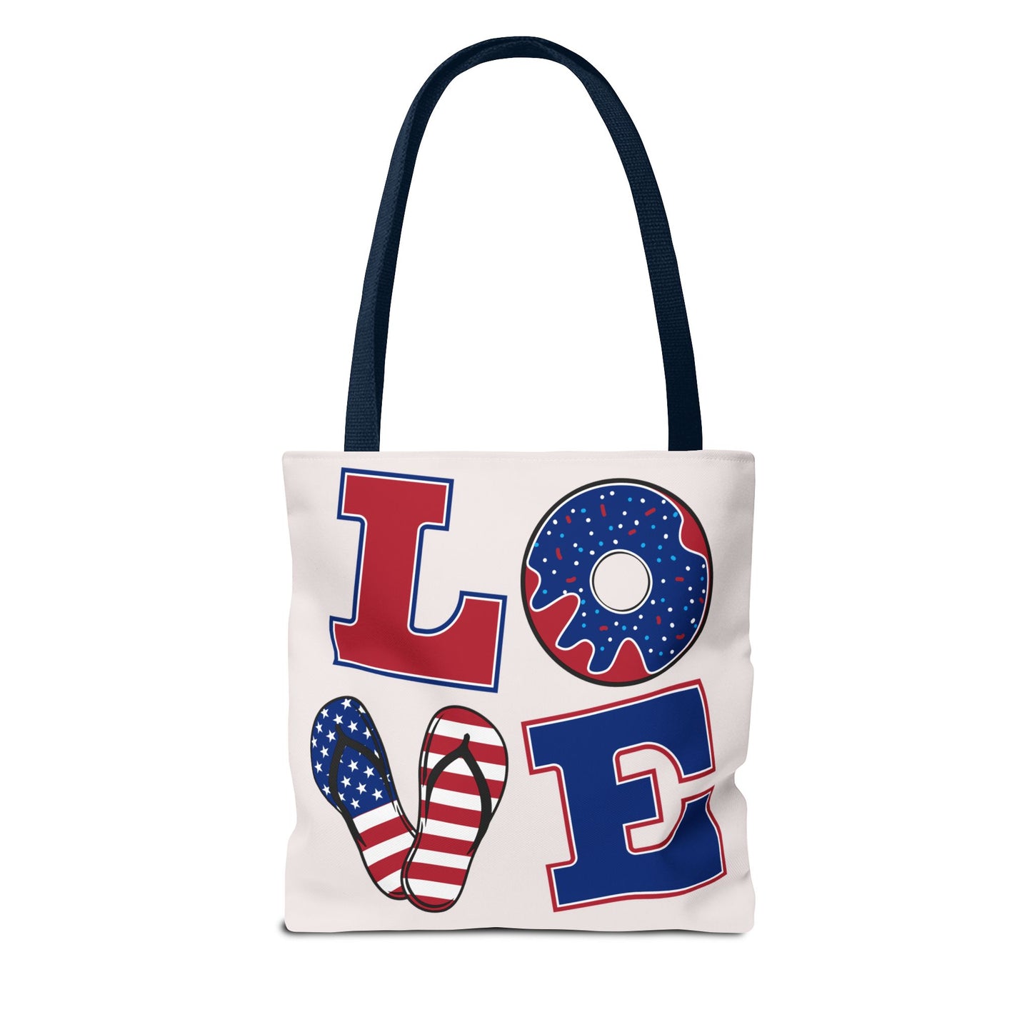Patriotic 'LOVE' Tote Bag — American Flag Flip-Flop & Donut Beach Bag for 4th of July