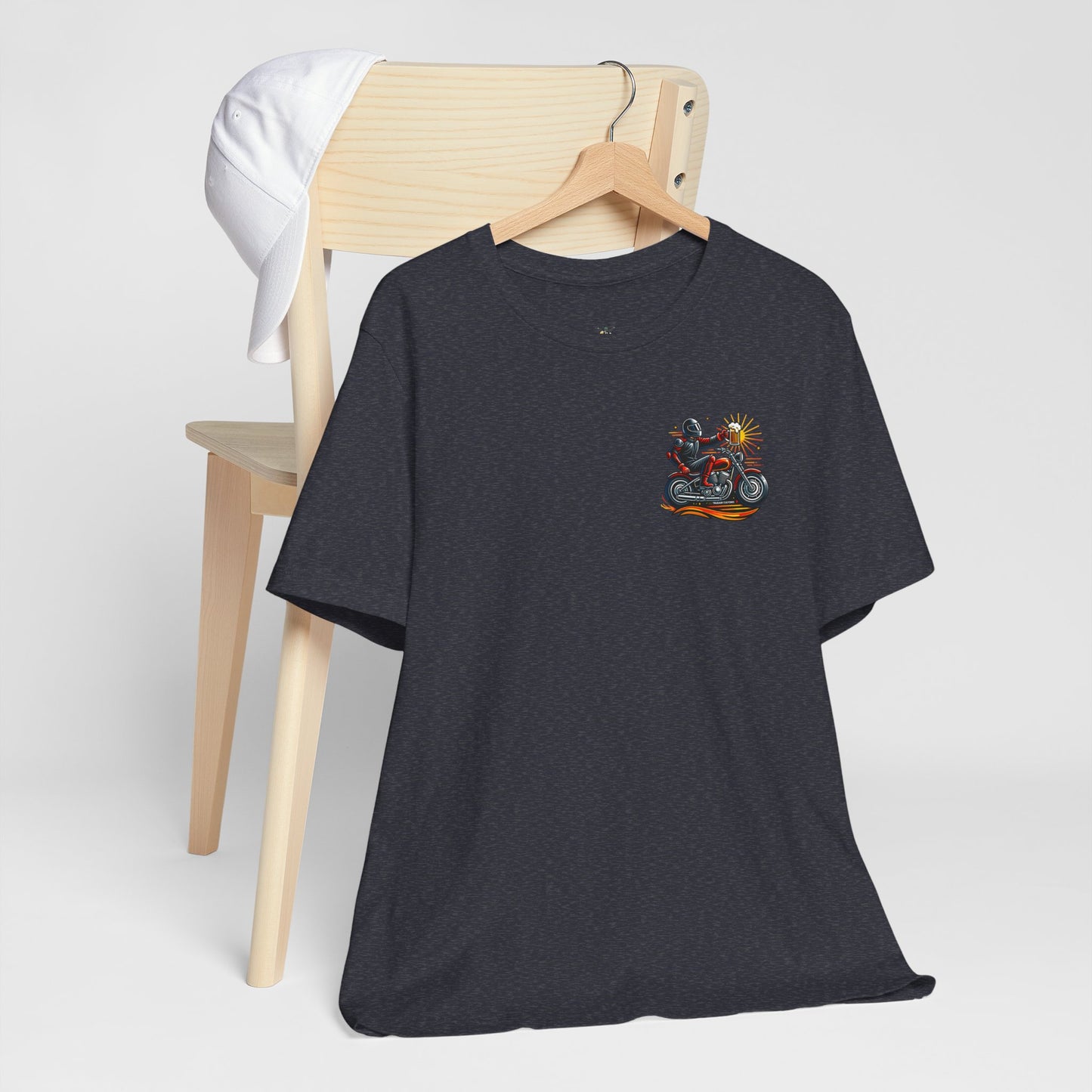 Motorcycle T‑Shirt with Beer Mug Graphic