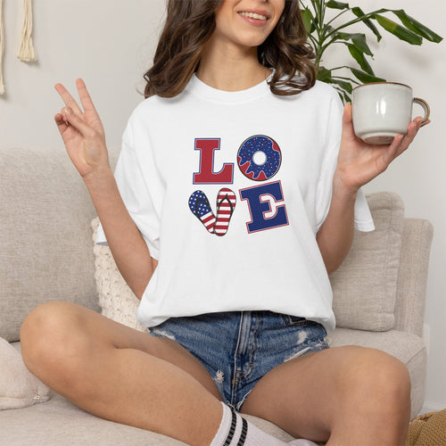 Patriotic "LOVE" Heart T-Shirt — American Flag Fourth of July Tee