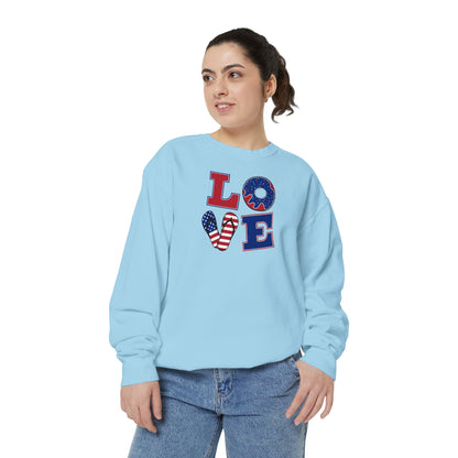 Patriotic "LOVE" Sweatshirt - American Flag Heart Fourth of July Crewneck