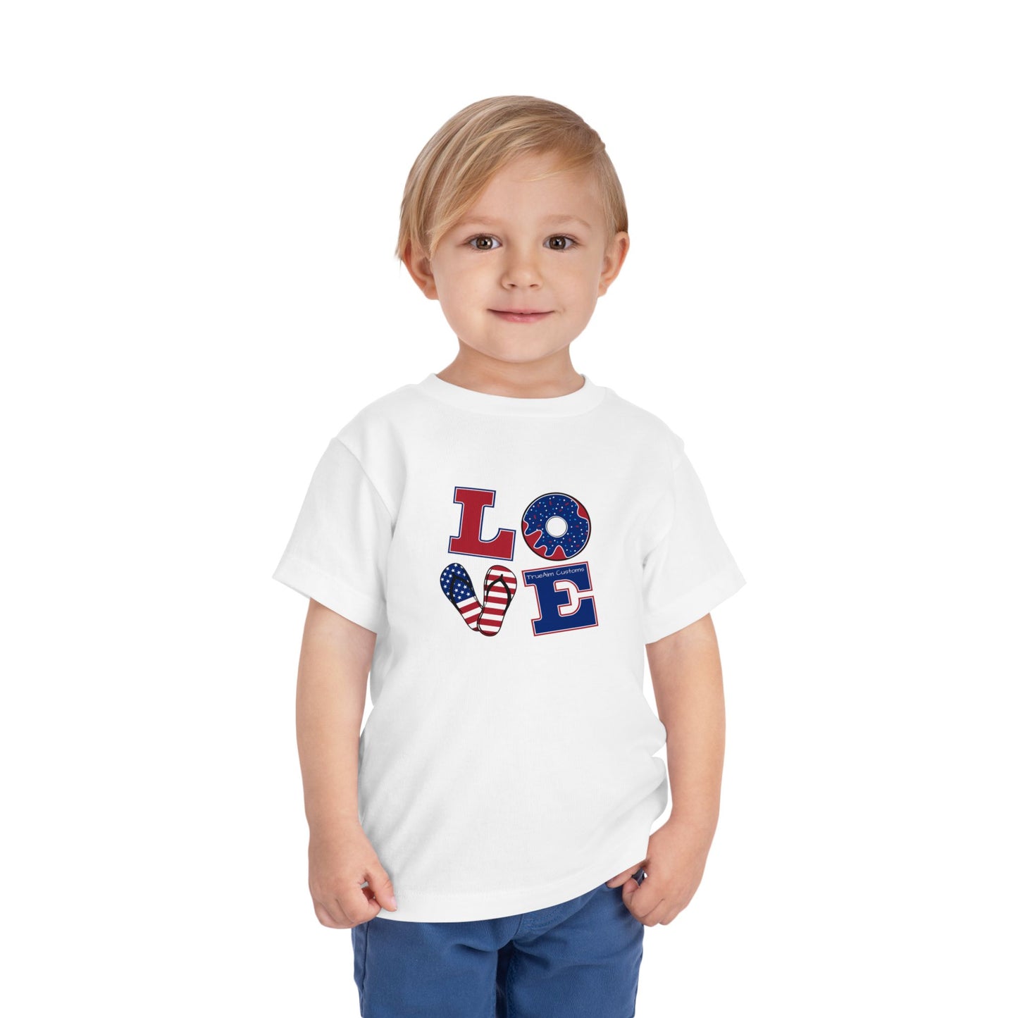 Patriotic "LOVE" Toddler Tee — American Flag 4th of July Baby Shirt
