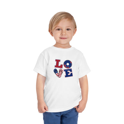 Patriotic "LOVE" Toddler Tee — American Flag 4th of July Baby Shirt