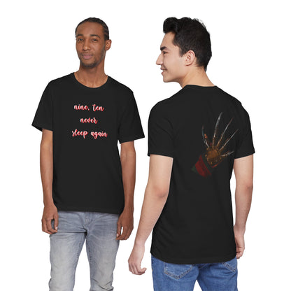 T‑Shirt — 'Nine, Ten, Never Sleep Again' Script Front with Freddy Krueger Claw Back Horror Tee