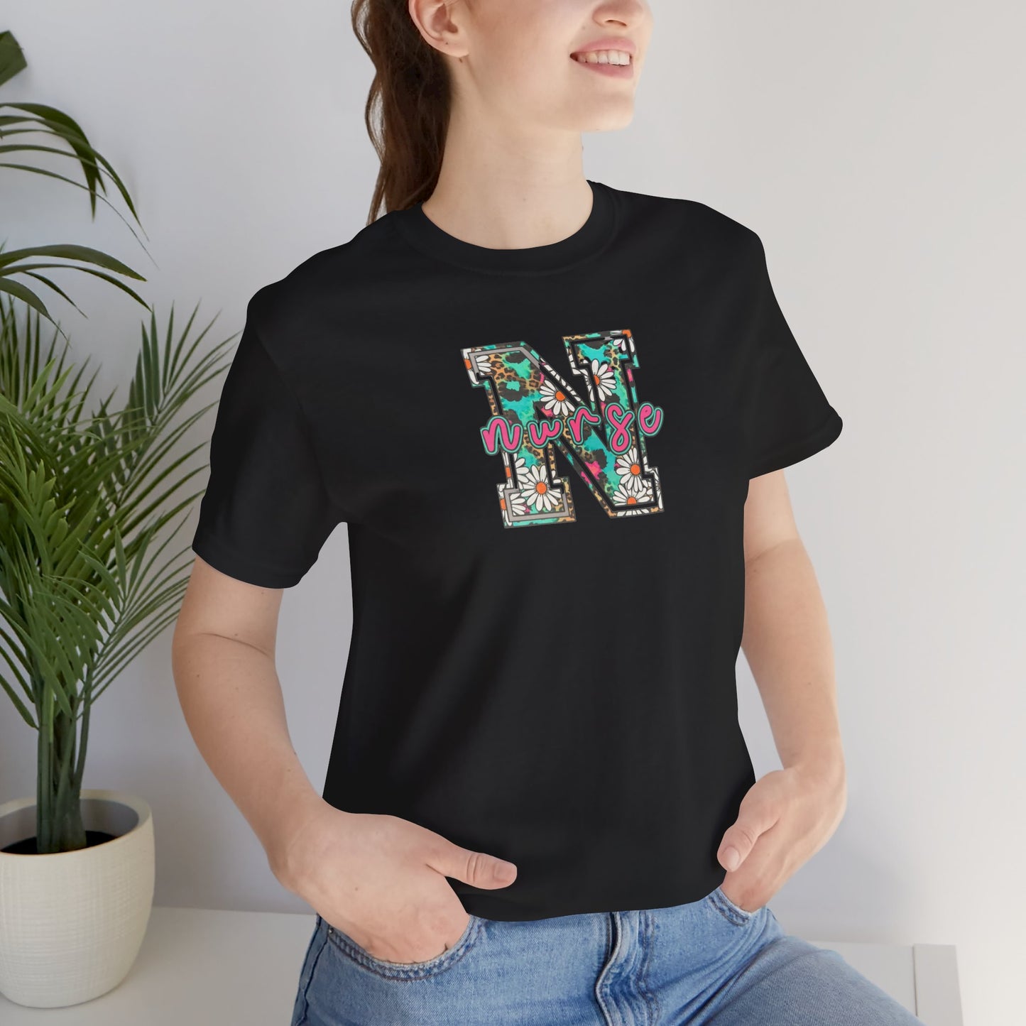 Floral Letter N, Nurse  T-Shirt — Tropical Botanical Monogram Tee