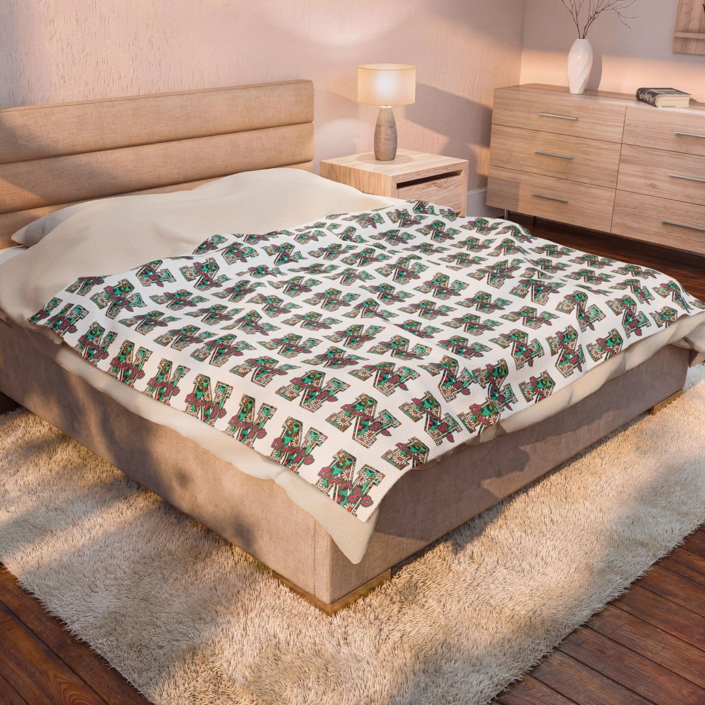 Nurse Plush Blanket — Floral Letter 'R' Pattern Velveteen Throw personalize for back to school