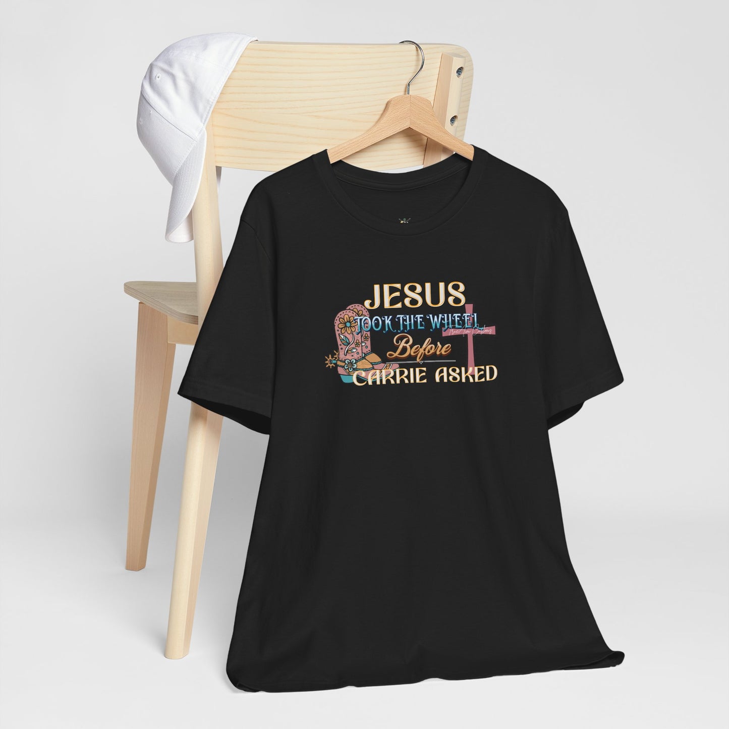 Jesus Took the Wheel Before Carrie Asked Tee - Floral Cross Christian Short Sleeve Shirt