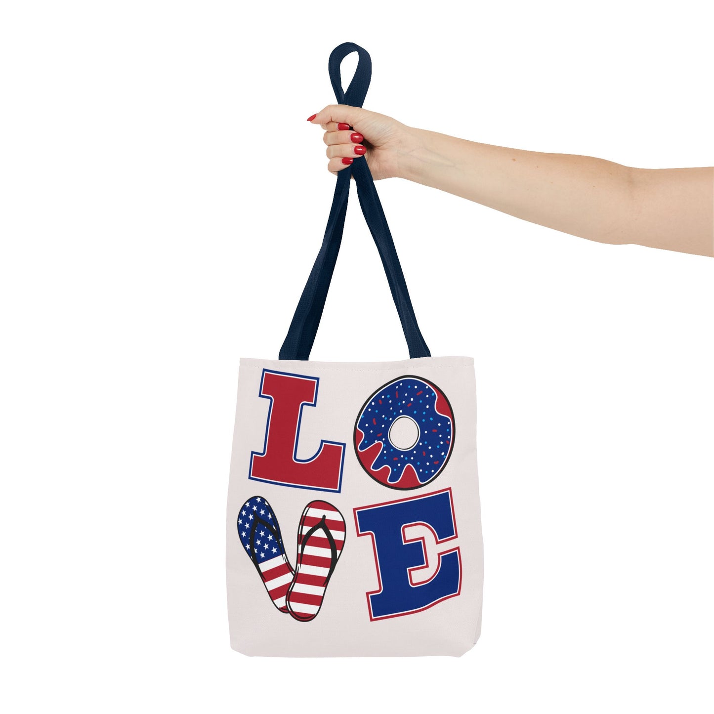 Patriotic 'LOVE' Tote Bag — American Flag Flip-Flop & Donut Beach Bag for 4th of July