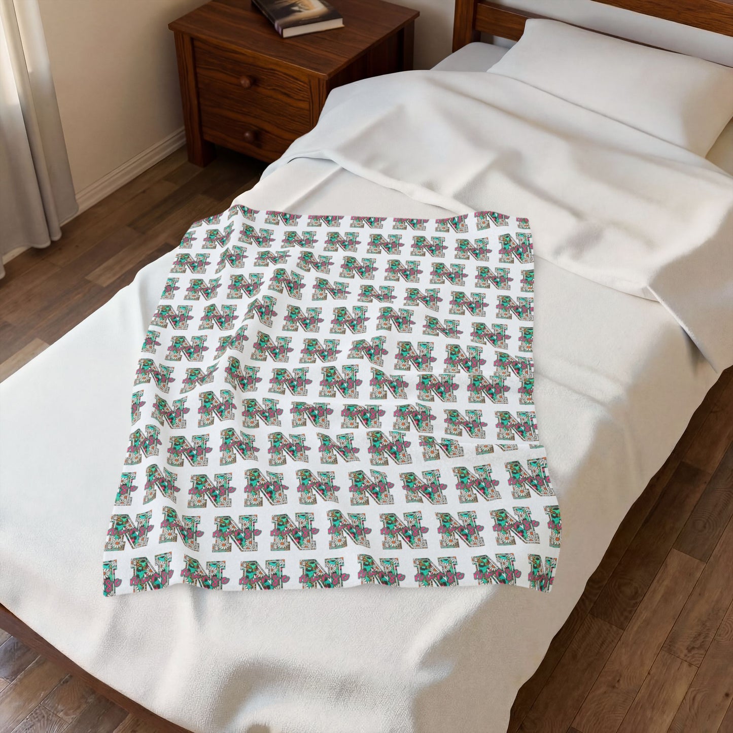 Nurse Plush Blanket — Floral Letter 'R' Pattern Velveteen Throw personalize for back to school