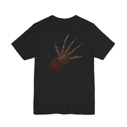 T‑Shirt — 'Nine, Ten, Never Sleep Again' Script Front with Freddy Krueger Claw Back Horror Tee