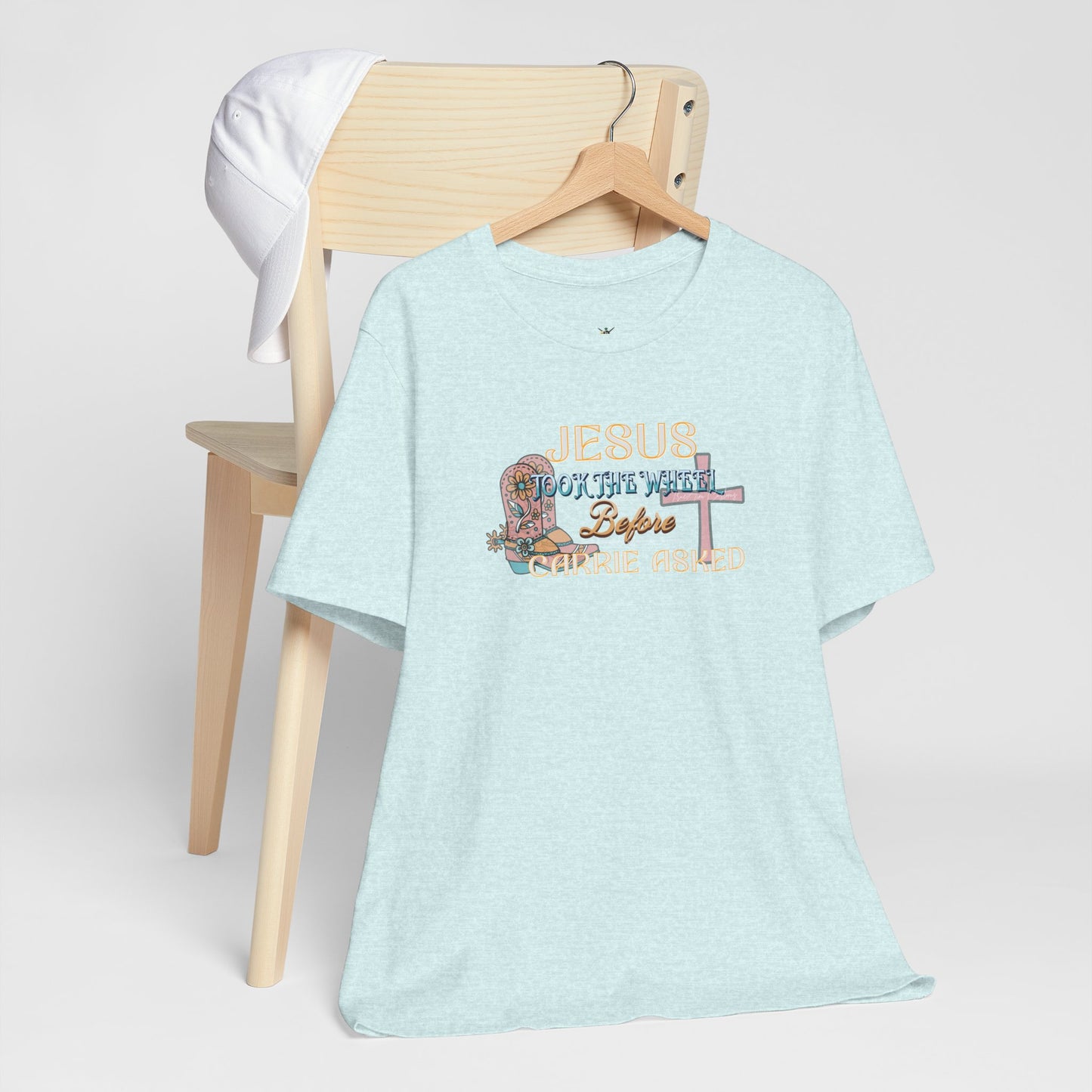 Jesus Took the Wheel Before Carrie Asked Tee - Floral Cross Christian Short Sleeve Shirt