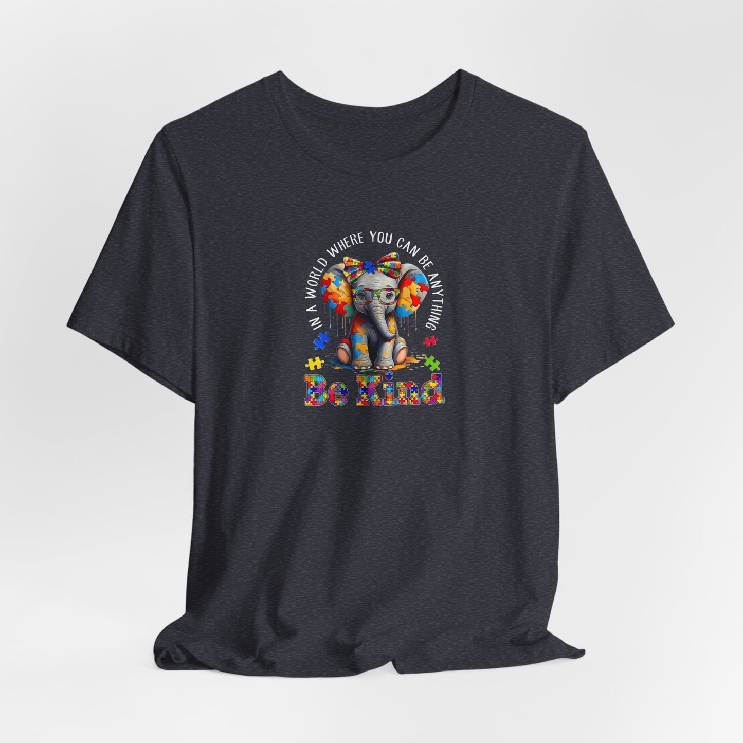 Be Kind Elephant T-Shirt — Colorful Puzzle Piece Autism Awareness Tee