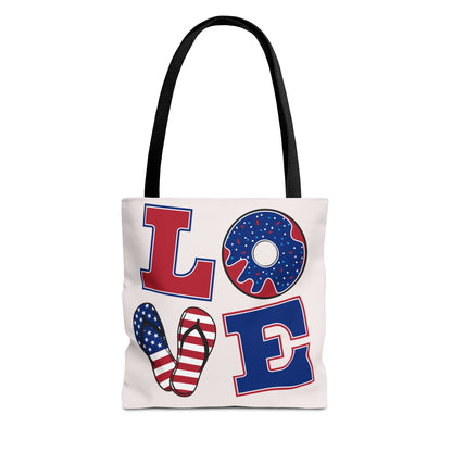 Patriotic 'LOVE' Tote Bag — American Flag Flip-Flop & Donut Beach Bag for 4th of July