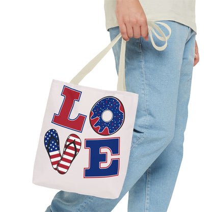 Patriotic 'LOVE' Tote Bag — American Flag Flip-Flop & Donut Beach Bag for 4th of July