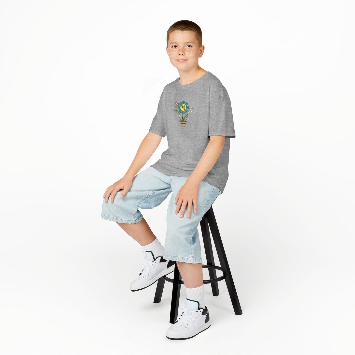 Kids teal Floral Pot T‑Shirt — Smiling Sunflower Plant Graphic