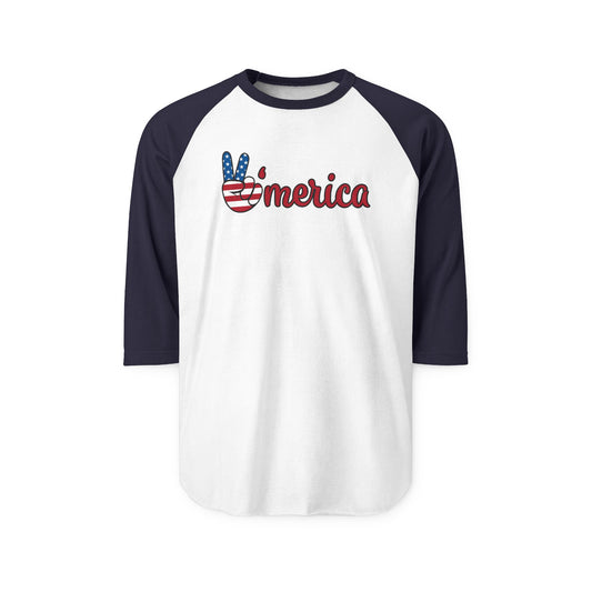 ’Merica Peace Sign Raglan Shirt – Patriotic 3/4 Sleeve Baseball Tee