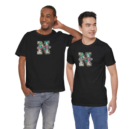 Floral Letter N, Nurse  T-Shirt — Tropical Botanical Monogram Tee