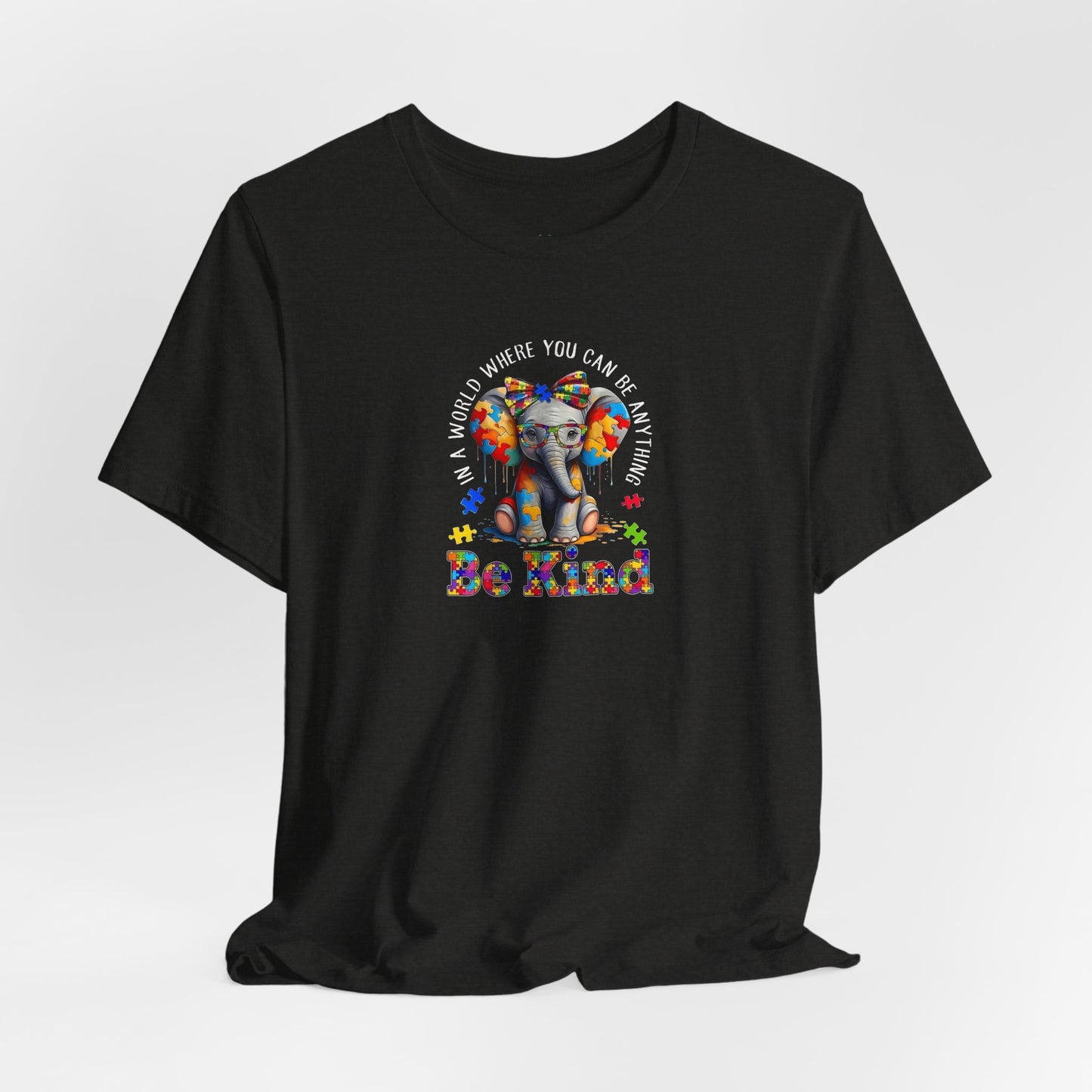 Be Kind Elephant T-Shirt — Colorful Puzzle Piece Autism Awareness Tee
