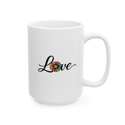 Ceramic Coffee Cup with Colorful Sunflower "Love" Script (11oz & 15oz)