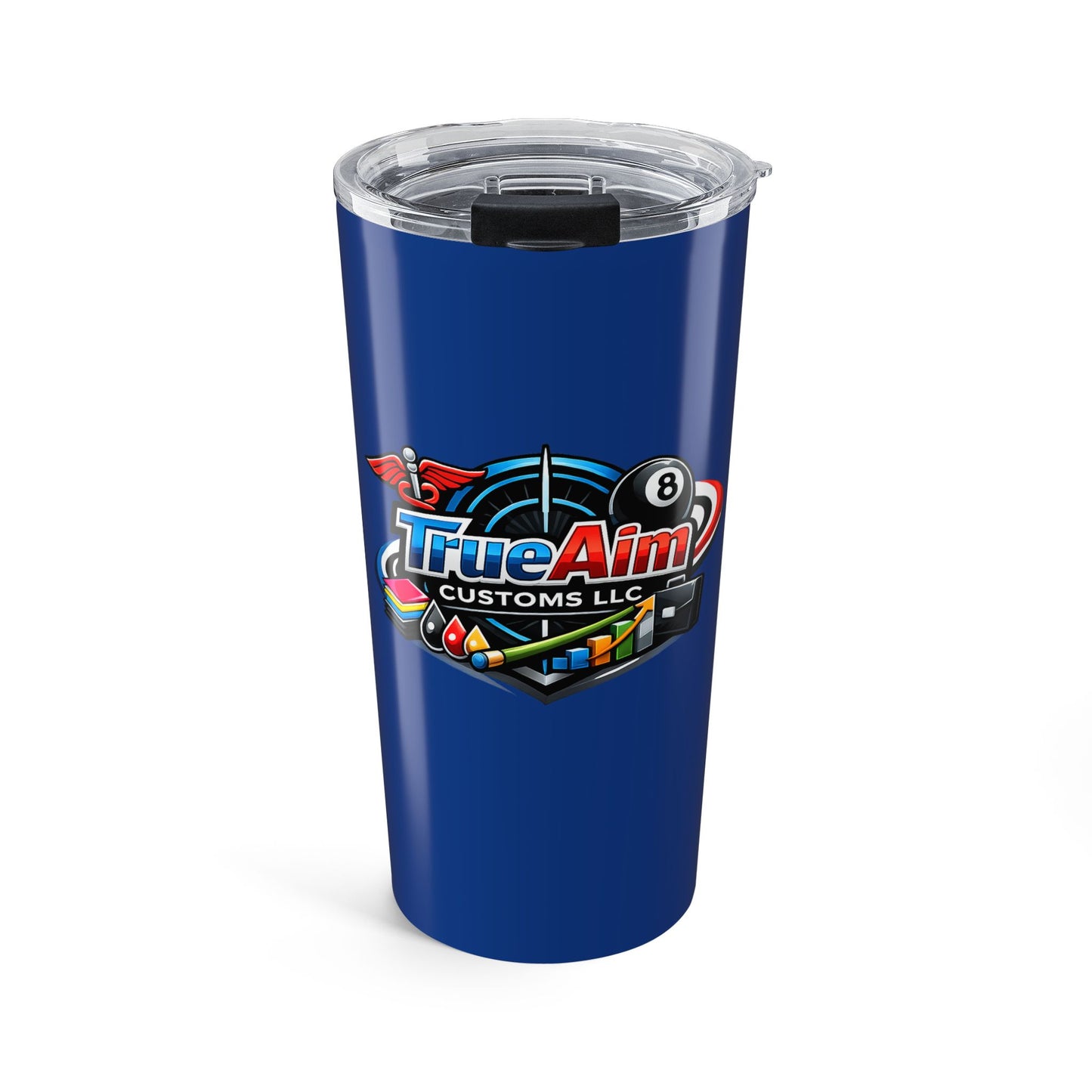 20oz Blue Tumbler with TrueAim Customs Logo — Insulated Travel Cup
