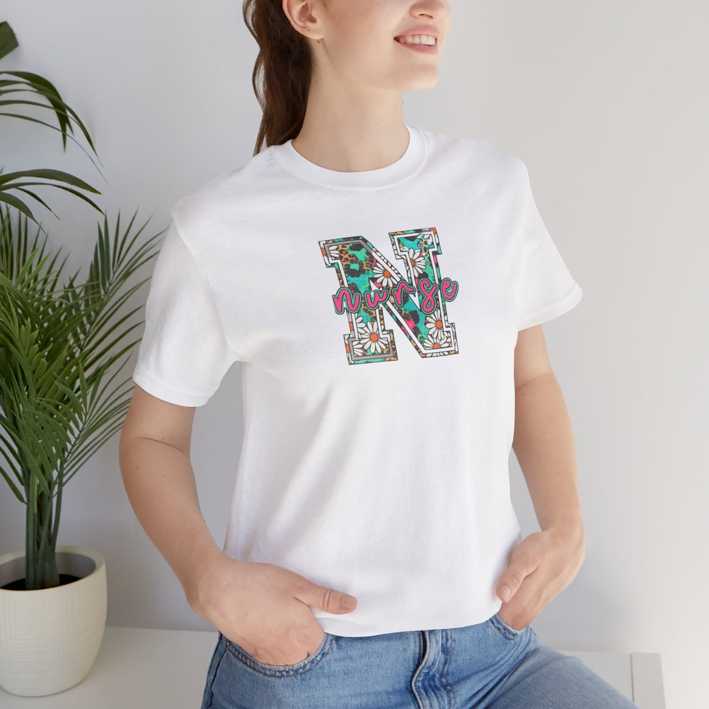 Floral Letter N, Nurse  T-Shirt — Tropical Botanical Monogram Tee
