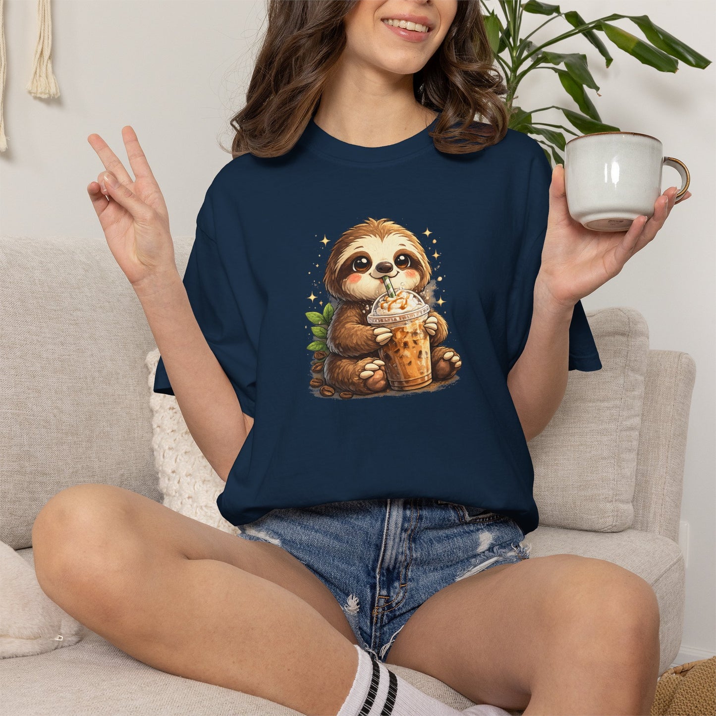 Cute Sloth Holding Coffee T-Shirt — Adorable Cozy Animal Tee