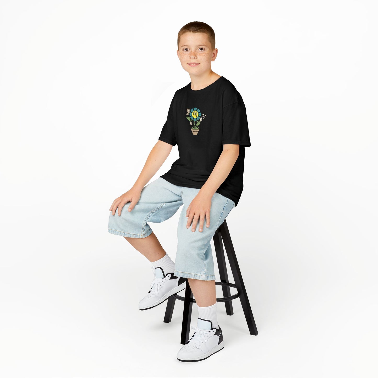 Kids teal Floral Pot T‑Shirt — Smiling Sunflower Plant Graphic