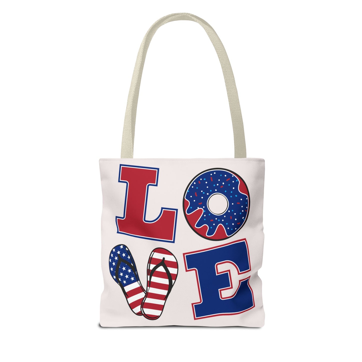 Patriotic 'LOVE' Tote Bag — American Flag Flip-Flop & Donut Beach Bag for 4th of July